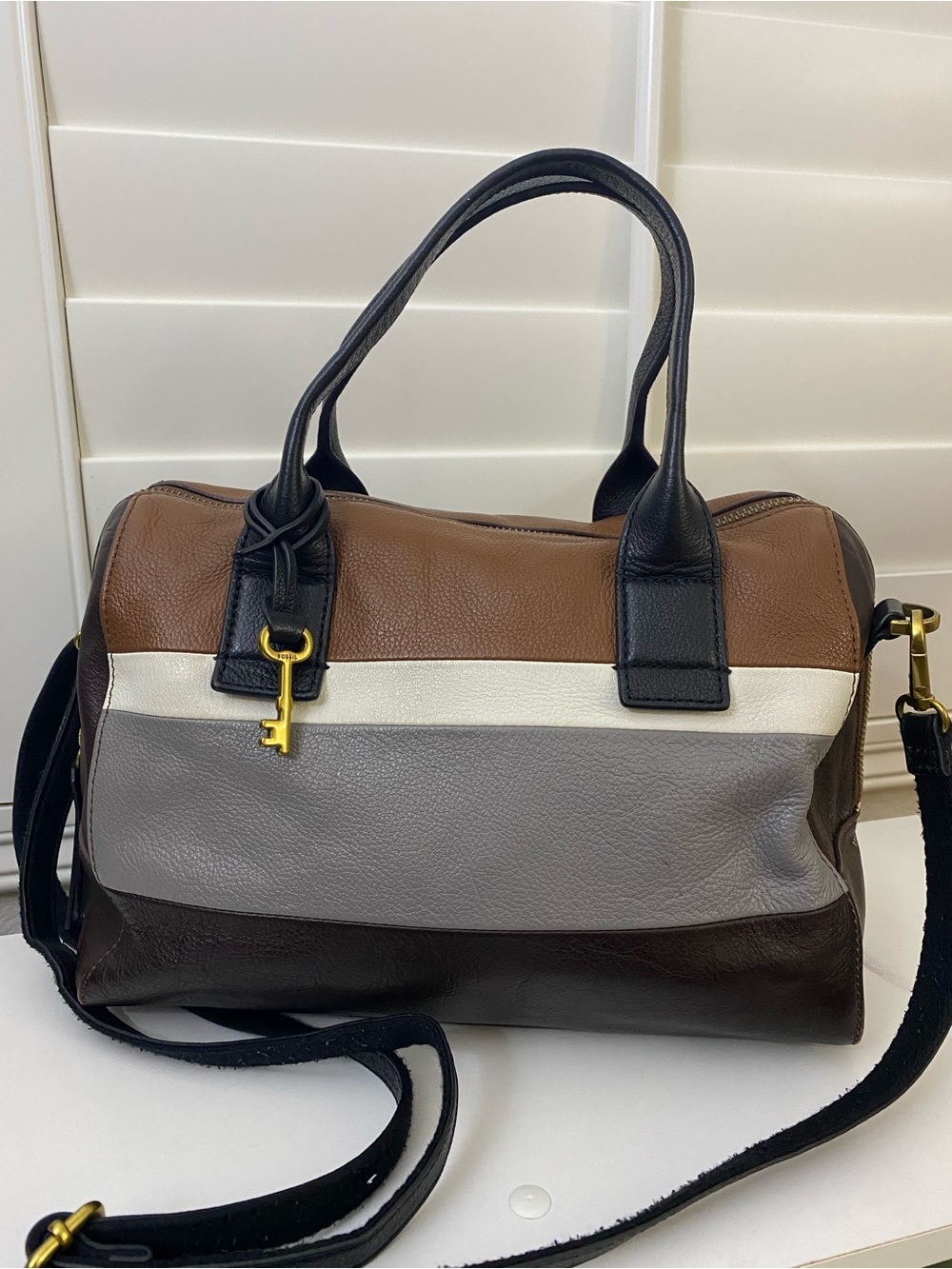Fossil Crossbody Brown, Cream and Gray colorblock Leather